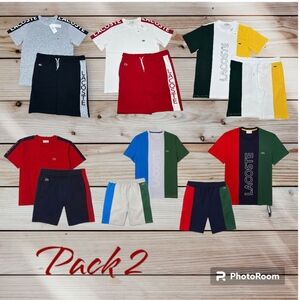 Lacoste  Graphic T-Shirt Pack Wirh Shorts - Red, Blue, Gray Price Is 80.00 A Set